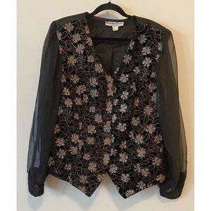 Another Thyme Black Floral Embroidered Vest Blazer Sheer Sleeves Blouse XL